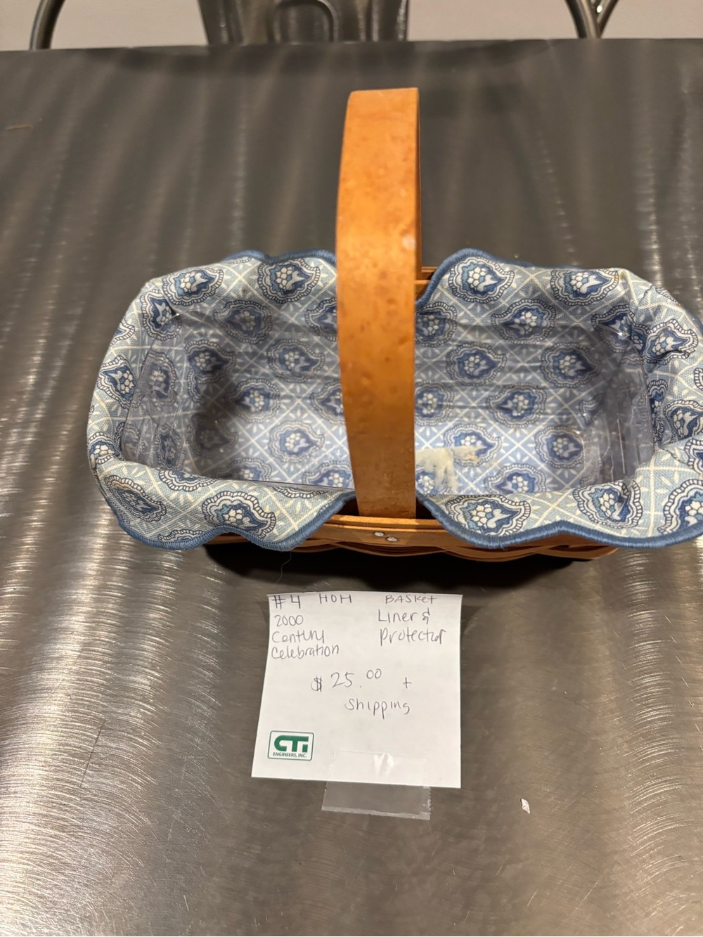 Longaberger Blue Patterned Lined Woven Basket with Wooden Handle